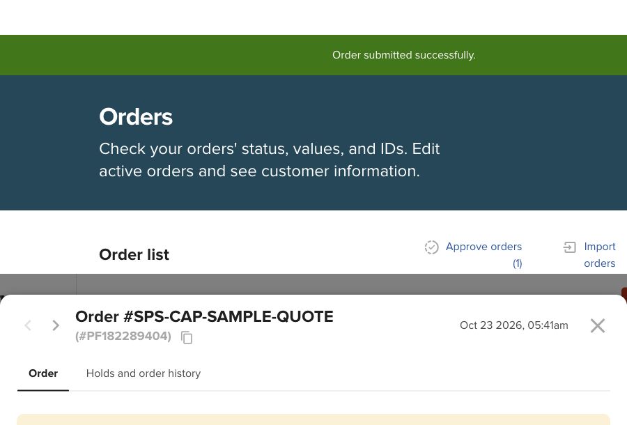 Printful confirms the cap sample is waiting for fulfillment, with October 29–31 estimated delivery