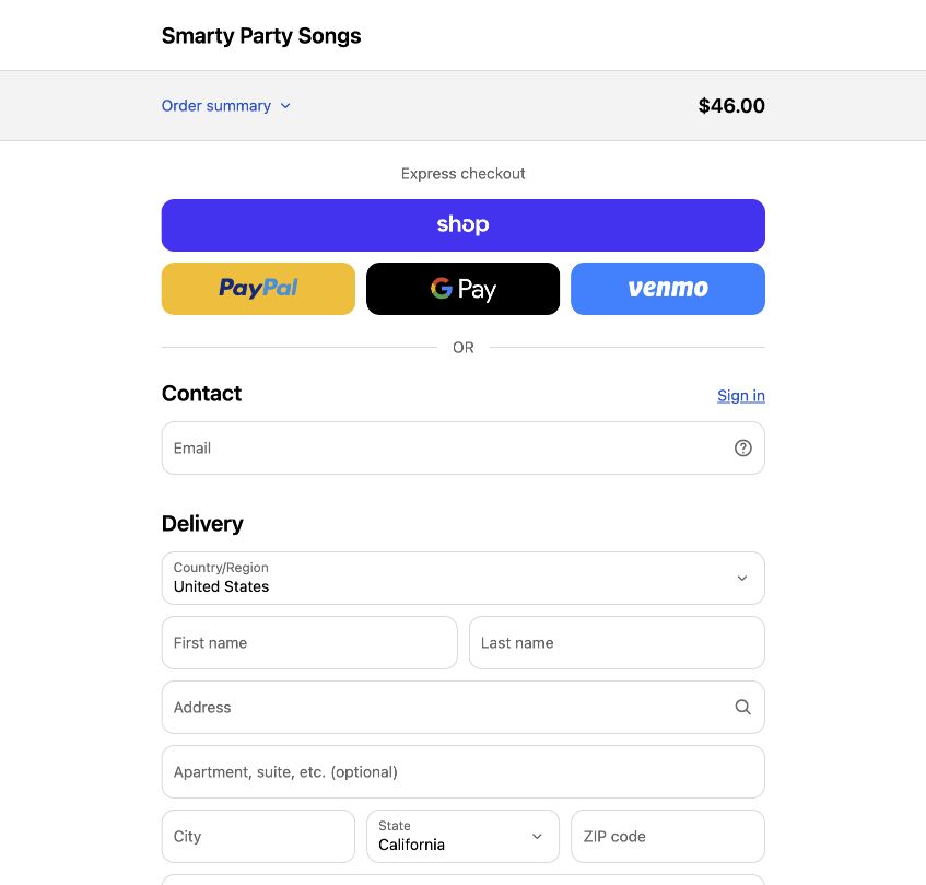 Live hosted Shopify checkout for a hoodie and tote
