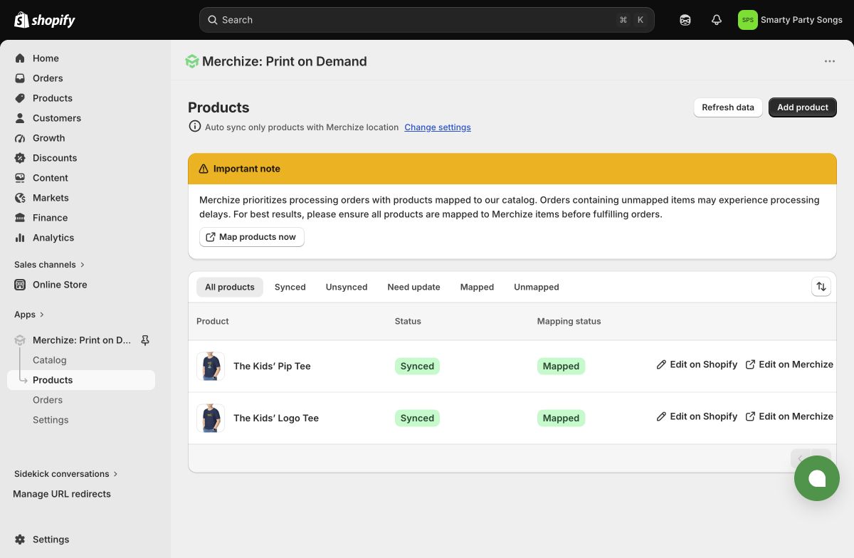 Merchize app showing both kids’ products synced and mapped, with automatic product syncing enabled