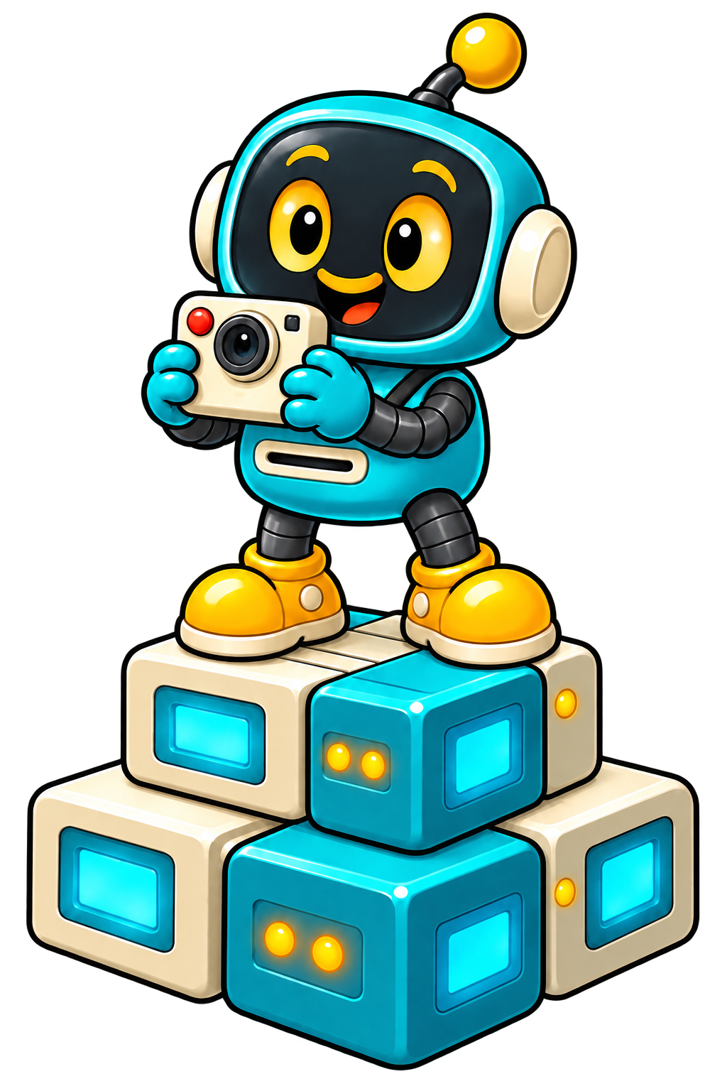 Pip, our teal robot, holding a camera on a stack of data blocks
