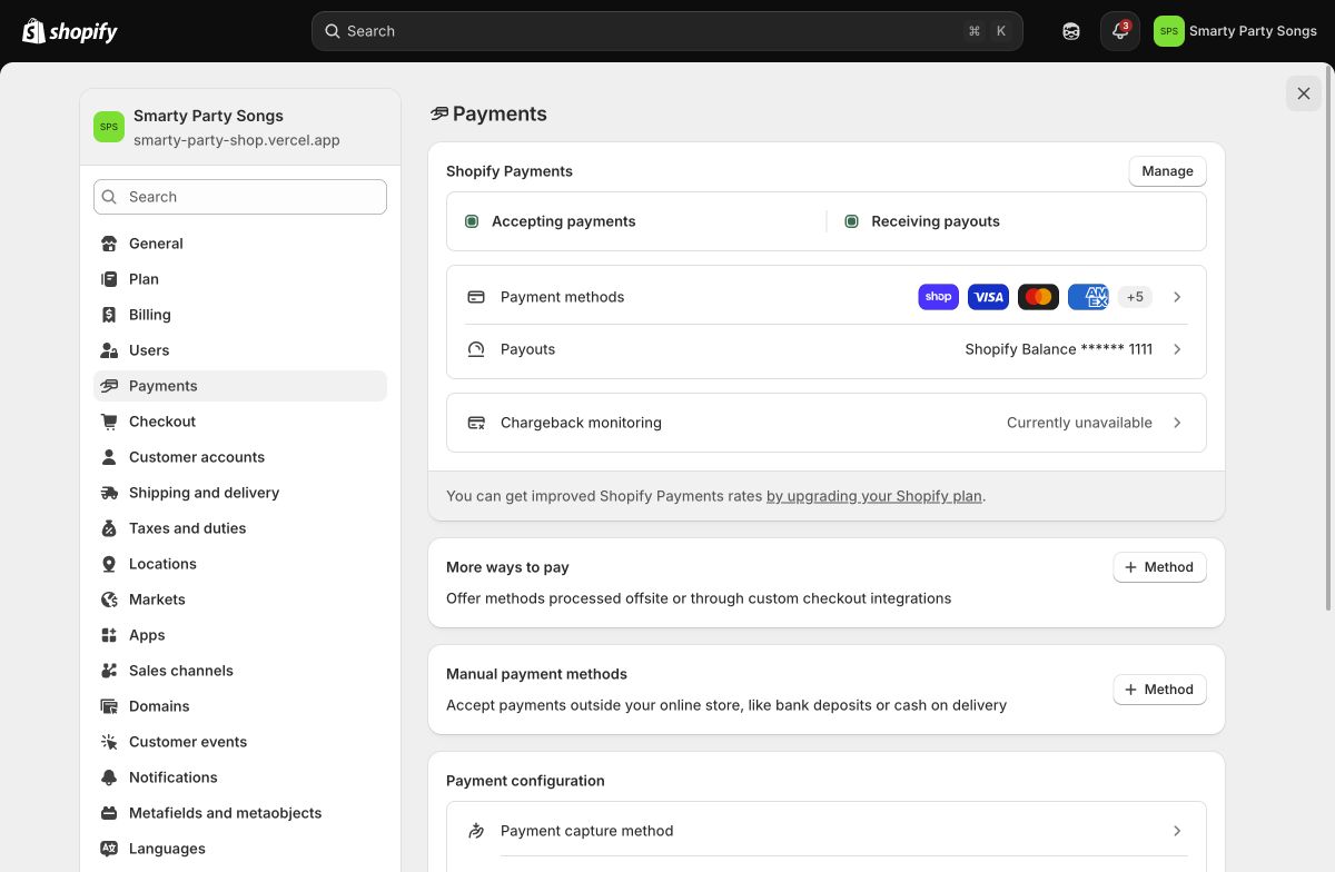 Shopify settings showing accepting payments and receiving payouts