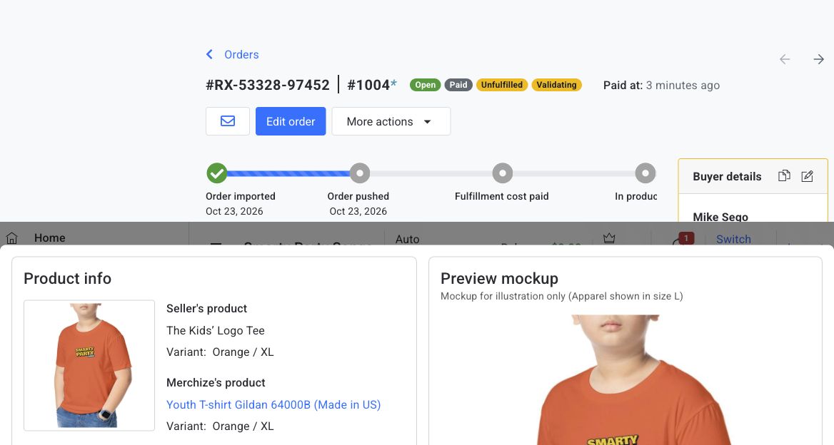 Fresh Merchize order showing Orange XL youth shirt and automatically matched logo artwork